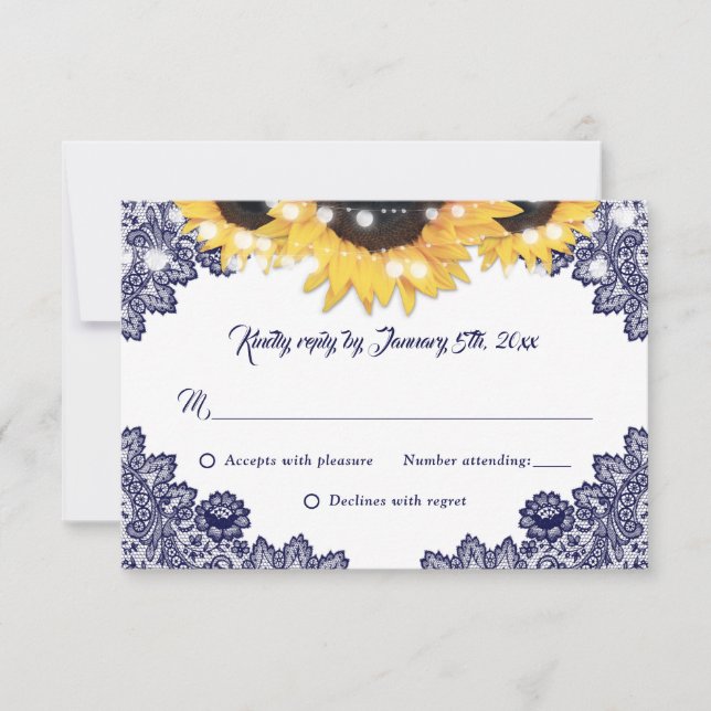 Cartão RSVP Navy Blue Sunflower Lace Burlap Hearts Wedding (Frente)