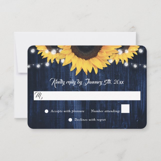 Cartão RSVP Navy Blue Sunflower Wood String Lights Wedding (Frente)
