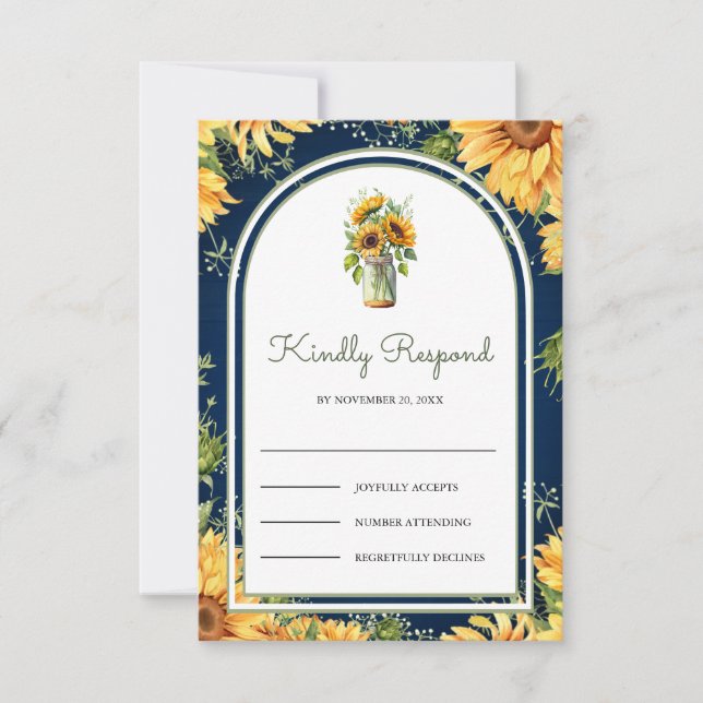 Cartão RSVP Navy Blue Wood Sunflowers Mason Jar Arch Wedding (Frente)