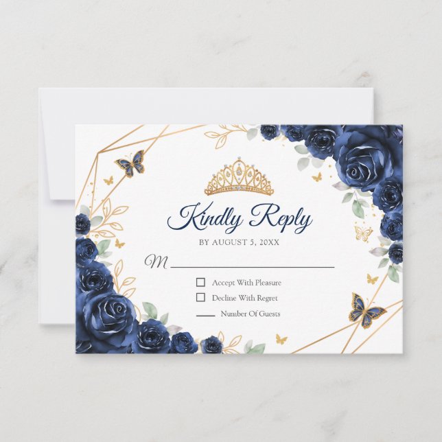 Cartão RSVP Navy Gold Floral Quinceanera Reply (Frente)