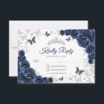 Cartão RSVP Navy Silver Floral Quinceanera Reply<br><div class="desc">Navy silver floral Quinceanera RSVP reply card. Features,  script font,  silver butterflies,  watercolor roses and tiara. Perfect for an elegant princess style glam celebration. Personalize with your own details.</div>