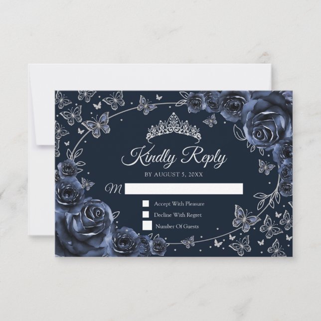 Cartão RSVP Navy Silver Quinceanera Reply (Frente)