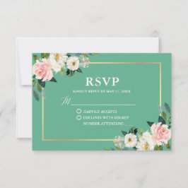 Cartão RSVP Neo Mint Pink White Floral Dourado Casamento Flora