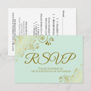 Cartão RSVP Neo Verde Mint e Renda Elegante Dourada Casamento 