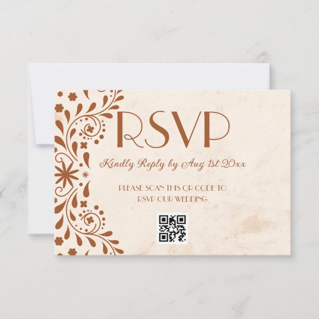 Cartão RSVP Neutral Talavera Floral Wedding QR code (Frente)