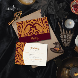 Cartão RSVP Nevermore Damask | Burgundy Halloween Gótico
