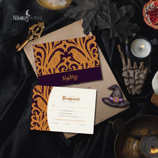 Cartão RSVP Nevermore Damask | Halloween Gótico de Ameixa Escu
