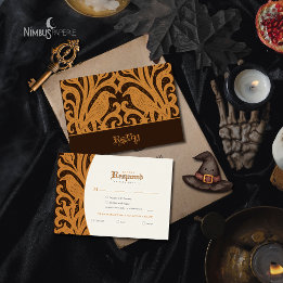 Cartão RSVP Nevermore Damask | Halloween Gótico Marrom Escuro