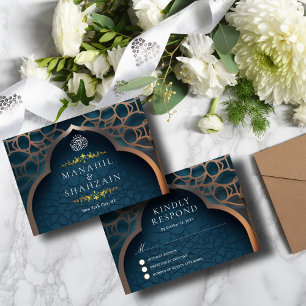 Cartão RSVP Nilo Blue Islâmico Arch 3D Casamento Muçulmano Ele