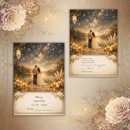 Cartão RSVP Noite Estrelada Azul Dourada Caprichosa casamento 
