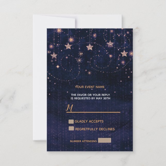 Cartão RSVP Noite Estrelada Roxo Dourado Estrelas Caprichosas  (Frente)