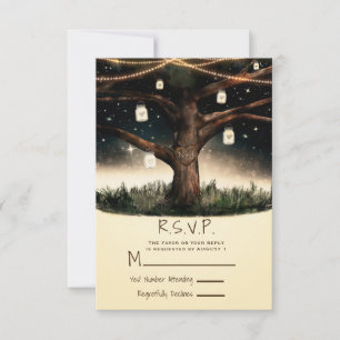 Cartão RSVP Noite Rústica Árvore com Luzes & Jarras Casamento 