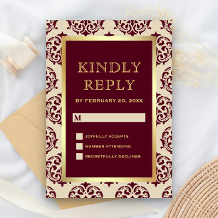 Cartão RSVP Noiva Damask Burgundy Folha Dourada Falsa