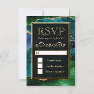 Cartão RSVP Noiva de Ágata Brilhante Azul-Verde e Dourado