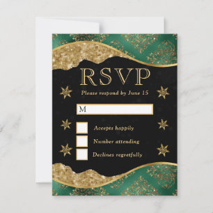 Cartão RSVP Noiva de Neve Verde e Dourada Elegante