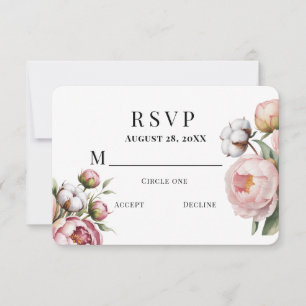 Cartão RSVP Noiva de Peônia Rosa e Algodão Casamento