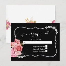 Cartão RSVP Noiva Diamante Floral Rosa e Dourado e Prata
