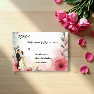 Cartão RSVP Noiva e Noivo Floral Aquarela Casamento Elegante