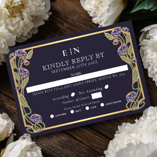 Cartão RSVP Noiva Floral Art Nouveau Peônia Azul Elegante