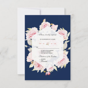 Cartão RSVP Noiva Floral Geométrica Azul Naval Beijo Bonito