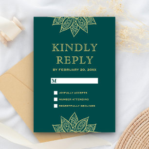 Cartão RSVP Noiva Índia Mehendi Henna Verde Mar Dourado Casame