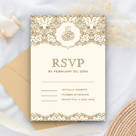 Cartão RSVP Noiva Islâmica Creme e Dourado com Renda