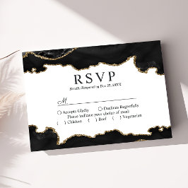 Cartão RSVP Noiva Moderna Elegante Mármore Ágata Preto e Doura