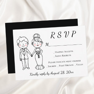 Cartão RSVP Noiva Noivo Desenho Animado Fofo Casamento Preto B