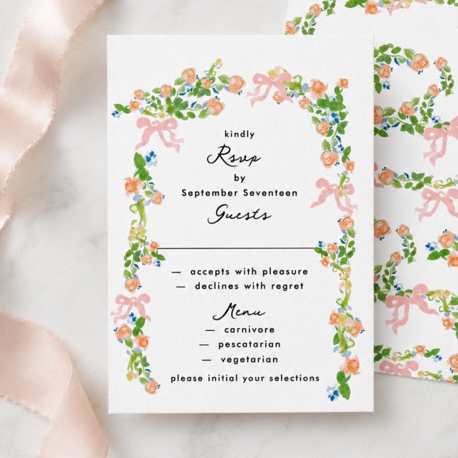 Cartão RSVP Noivado Jardim Rococó com Tons de Verde e Rosa em  (Criador carregado)