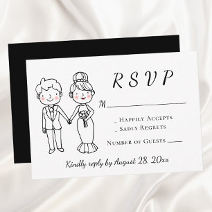 Cartão RSVP Noivo e Noiva de Desenho Animado Casamento Branco