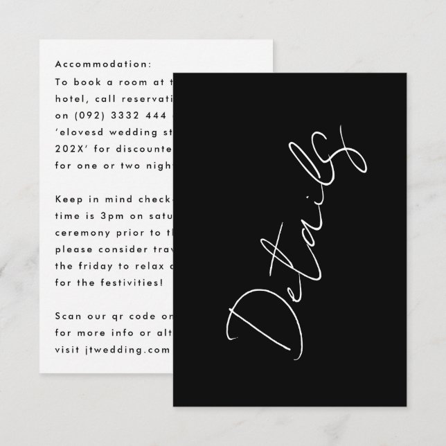 Cartão RSVP Nomes Personalizados Alojamento de Detalhes Pretos (Frente/Verso)