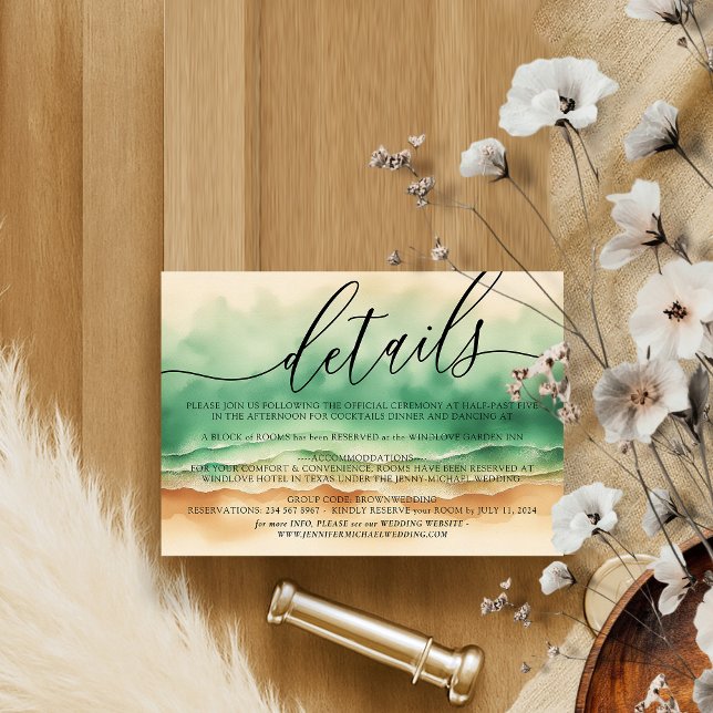 Cartão RSVP Ocean Beach Green Watercolor Elegante Sun Summer (Criador carregado)