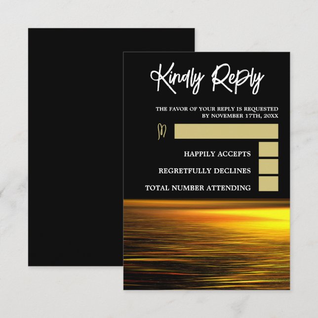 Cartão RSVP Oceano ouro, Casamento Elegante de Praia (Frente/Verso)