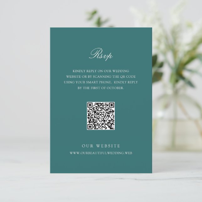 Cartão RSVP Old Money Teal Classic QR Code Wedding (Em pé/Frente)