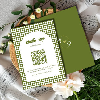 Cartão RSVP Olive green Minimalist Retro Checker Arch Wedding
