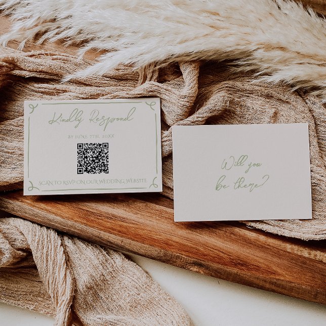 Cartão RSVP Olive Green QR Code Hand Written Drawn Wedding (Criador carregado)