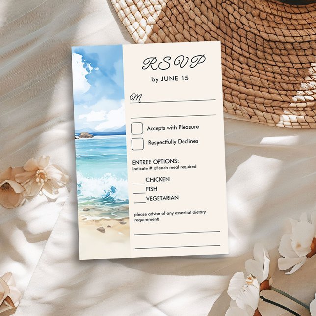 Cartão RSVP Opção de Casamento e entrada do tema da praia Wate (RSVP with entrees from the Summer Beach Wedding Collection by Darling & May)