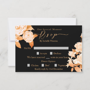 Cartão RSVP Opção de Janto de Casamento Preto para Rosa Dourad