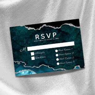 Cartão RSVP Opções de Comida Teal Silver Agate Wedding
