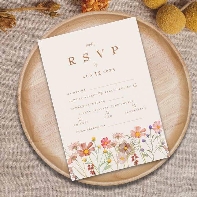Cartão RSVP Opções de Refeição Floral Boho em Terracota para o (Boho fall wildflower wedding rsvp card with autumn watercolor florals and elegant terracotta script)