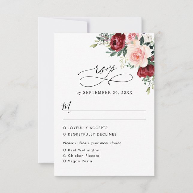 Cartão RSVP Opções De Refeições De Casamento Floral De Blush B (Frente)