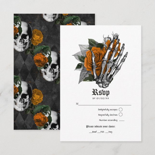 Cartão RSVP Orange Floral Gothic Wedding (Frente/Verso)