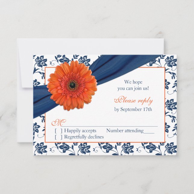 Cartão RSVP Orange Gerber Marinho Blue Damask Floral Weding RS (Frente)