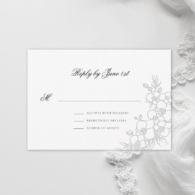 Cartão RSVP Orchid Elevated White Traditional Formal Wedding (orchid wedding rsvp card formal modern classic traditional black tie parents hosted white)