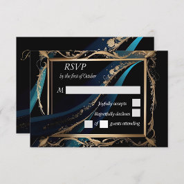 Cartão RSVP Ornamentado dourado armação azul preto
