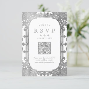 Cartão RSVP Ornamentado elegante prata vintage código QR casam