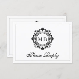 Cartão RSVP Ornamentado Floral Monograma Casamento Branco Pret