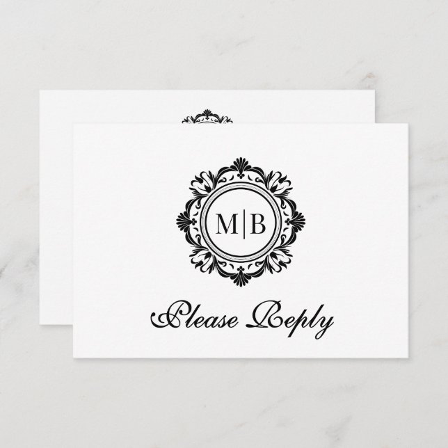 Cartão RSVP Ornamentado Floral Monograma Casamento Branco Pret (Frente/Verso)