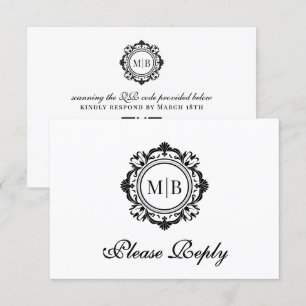 Cartão RSVP Ornamentado Floral Monograma Casamento Branco Pret