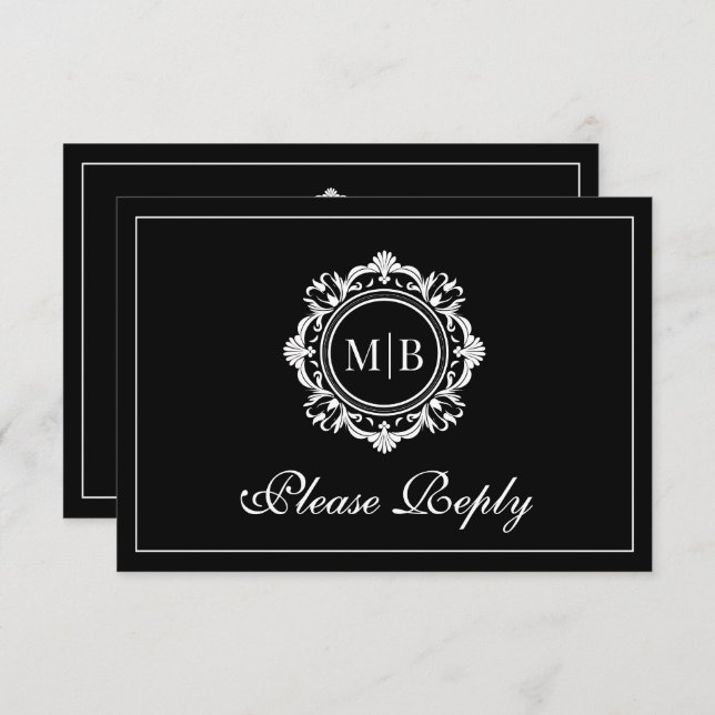 Cartão RSVP Ornamentado Floral Monograma Casamento Branco Pret (Frente/Verso)